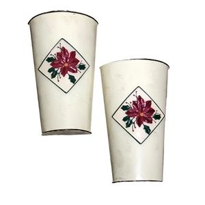 Set of 2 VINTAGE Christmas Metal Vase Poinsettia Flower Planter Wall Door Decor